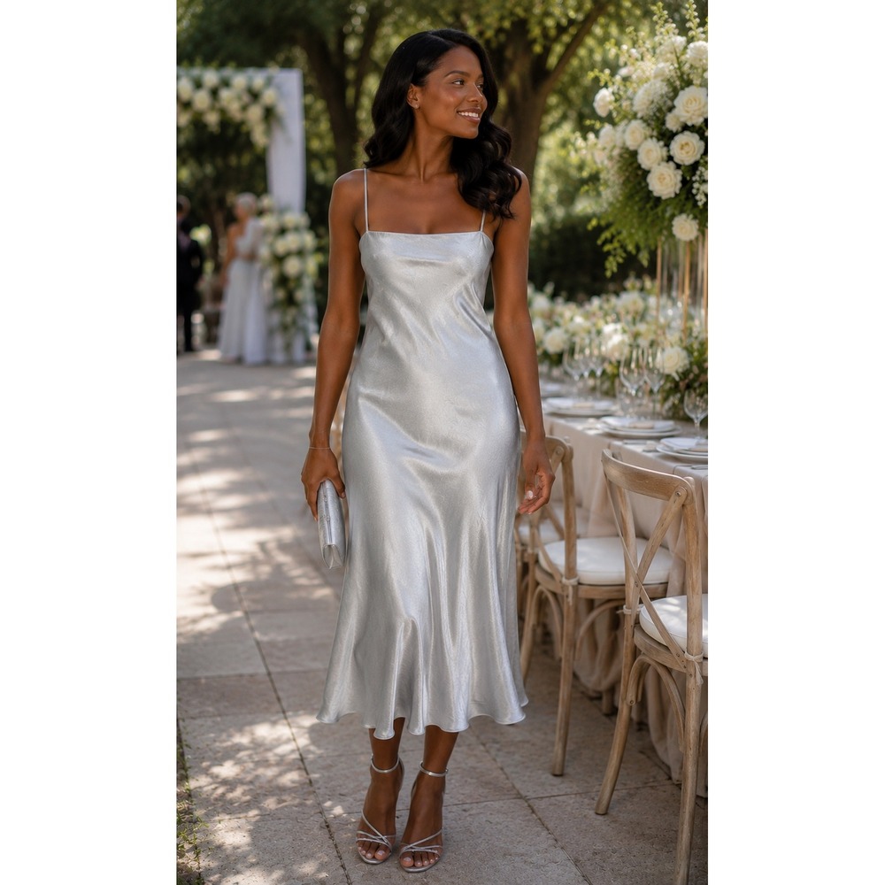 Victoria's Secret Luxe Satin Long Slip Dress Silver Metallic Midi Modern Glam, S
